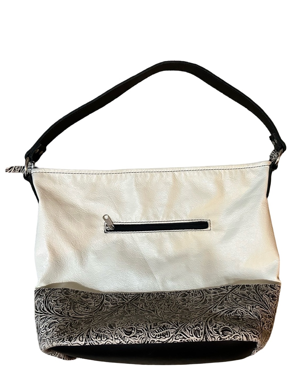 Leather Cream and Black Shoulder Bag with Embossed Base Western Boho Chic